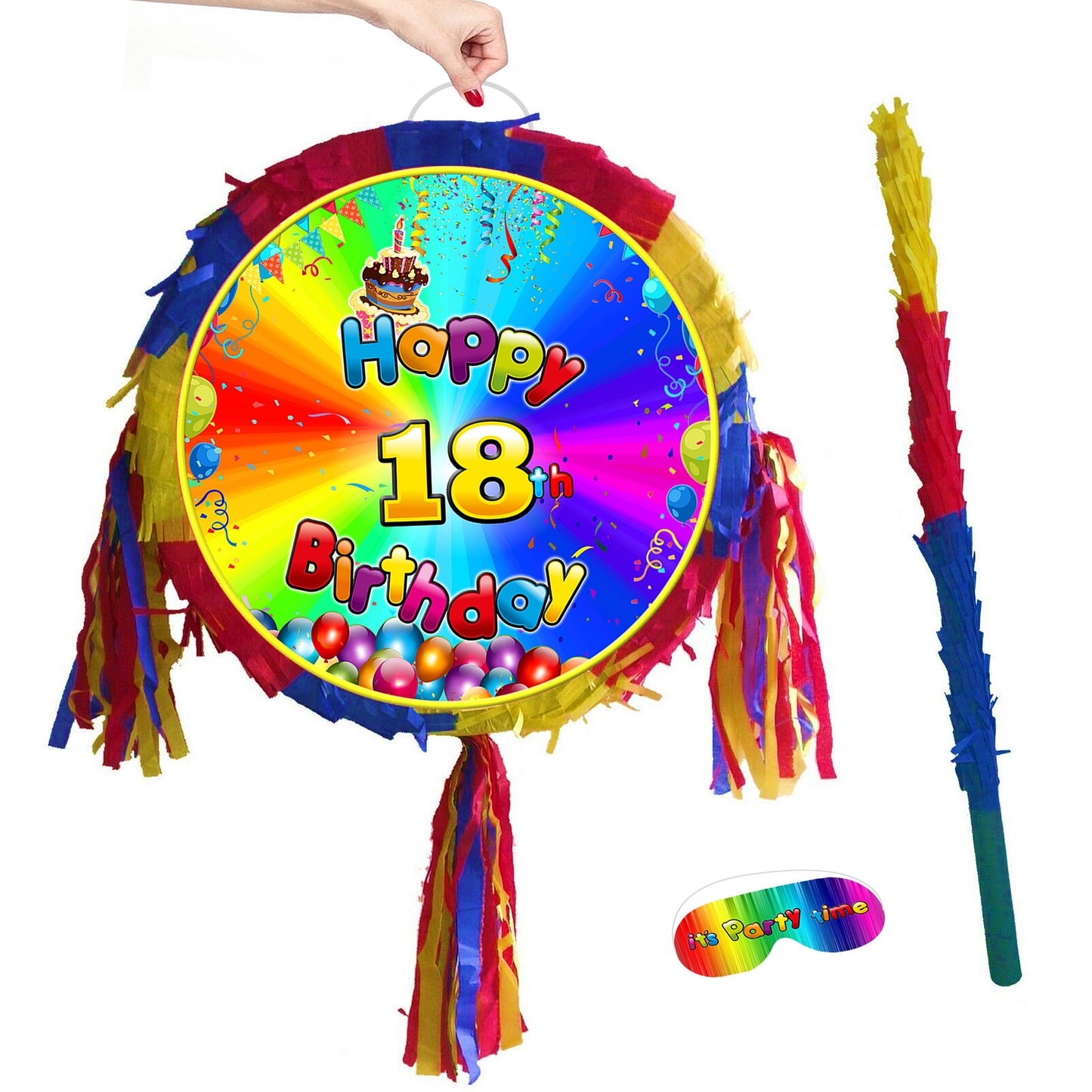 18th Birthday Pinata with Stick & Blindfold, Rainbow Party Game