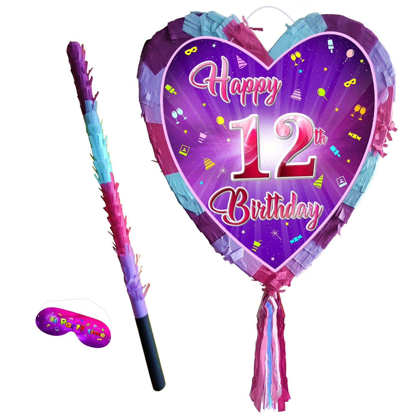 12th Birthday Heart Pinata with Stick & Blindfold