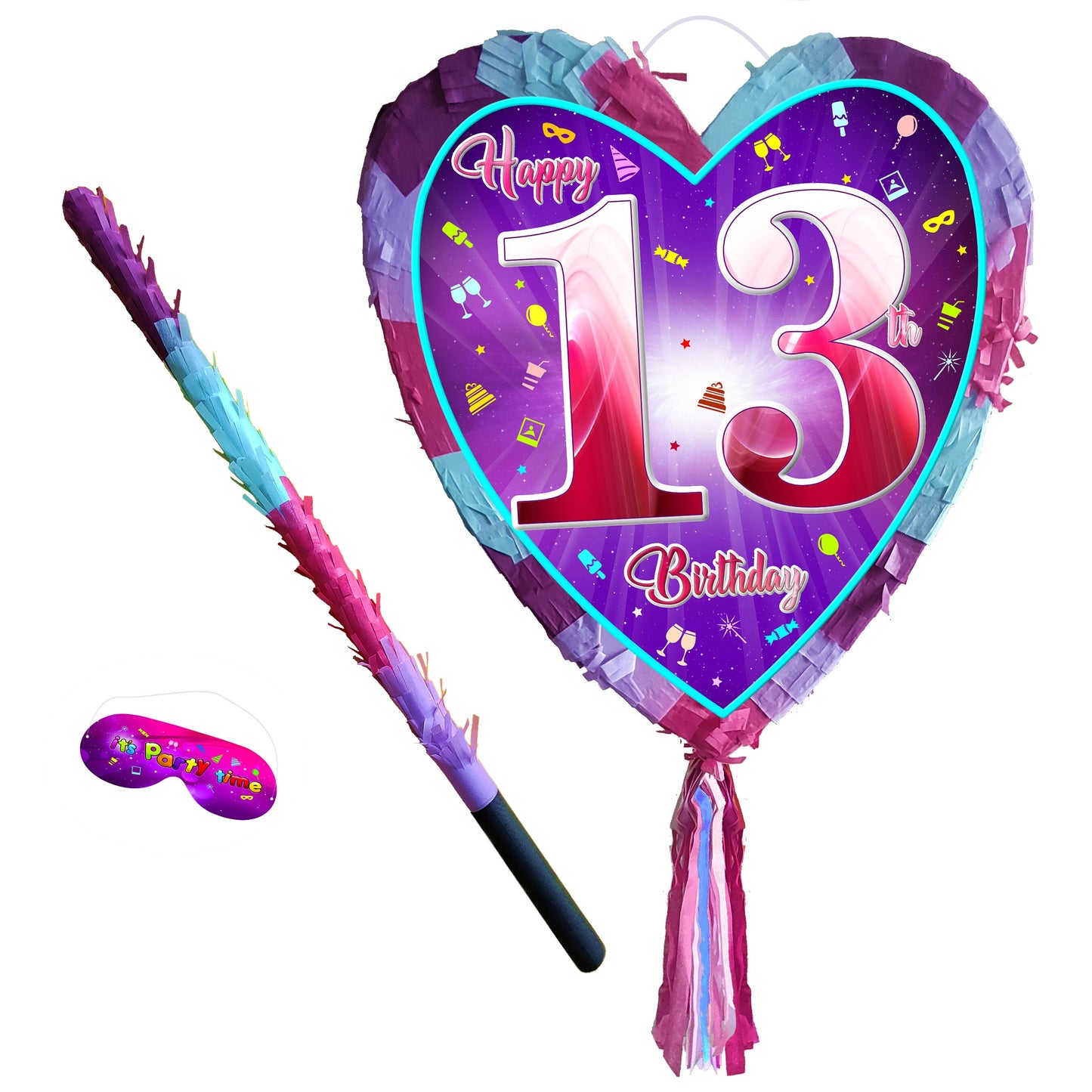 13th Birthday Heart Pinata with Stick & Blindfold, Girls Party Game