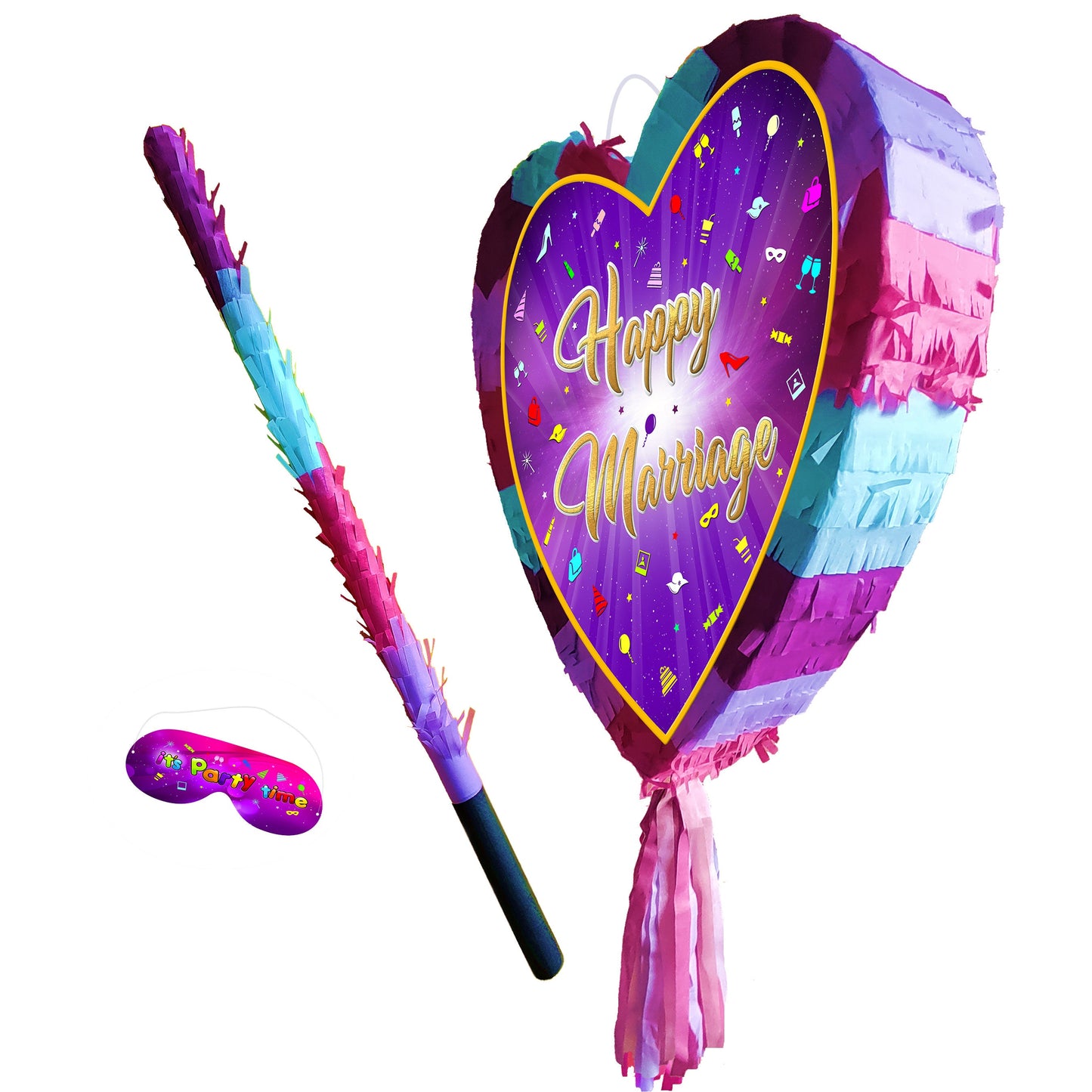 Happy Marriage Heart Pinata with Stick & Blindfold, Wedding Engagement Game