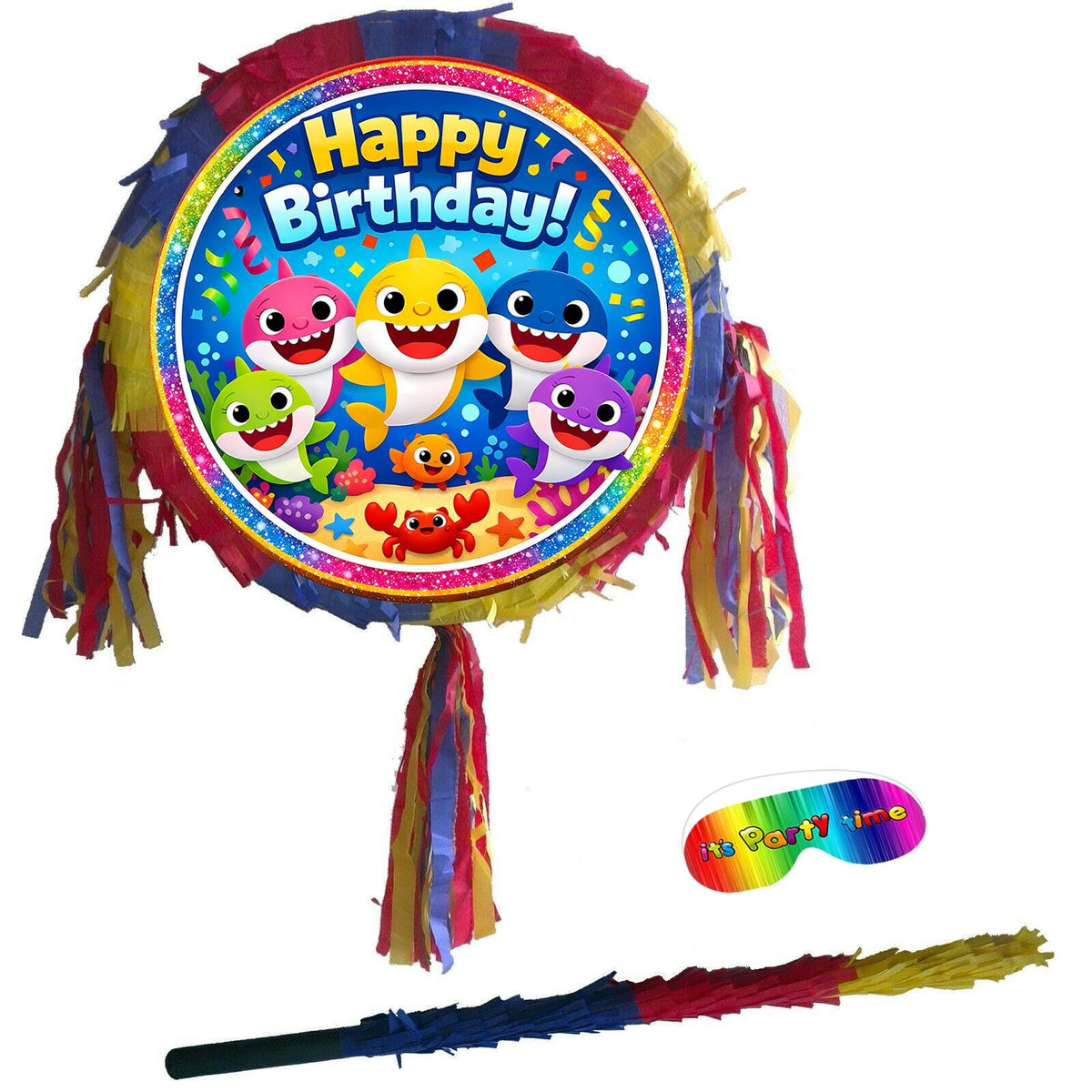 Shark Birthday Pinata with Stick & Blindfold