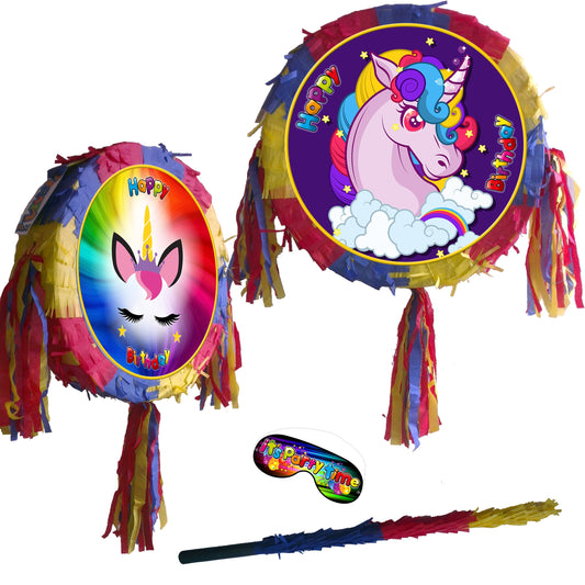 Unicorn Piñata Set: Rainbow Birthday Party Game with Stick & Blindfold