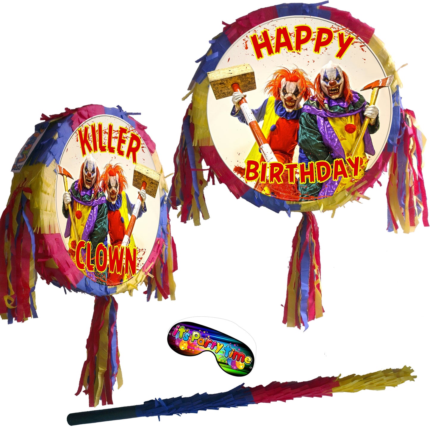 Killer Clown Piñata set theme Party pinata supplies happy birthday stick blindfold Halloween Scary Creepy apocalypse Zombie Joker vampire