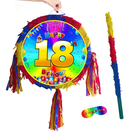 18th Birthday Pinata with Stick & Blindfold, Rainbow Party Game