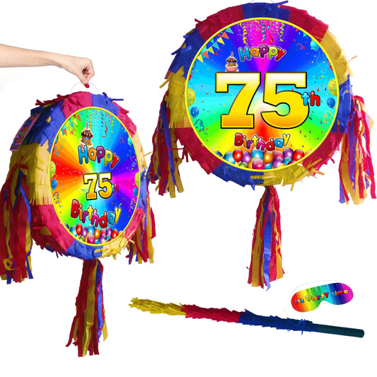 75th Birthday Pinata with Stick & Blindfold