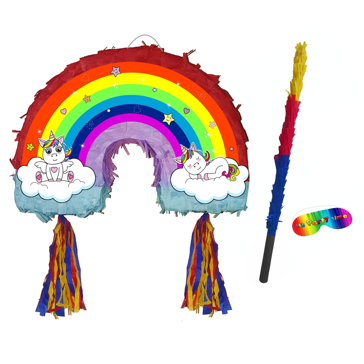 Rainbow Unicorn Piñata Set: Party Game with Stick & Blindfold