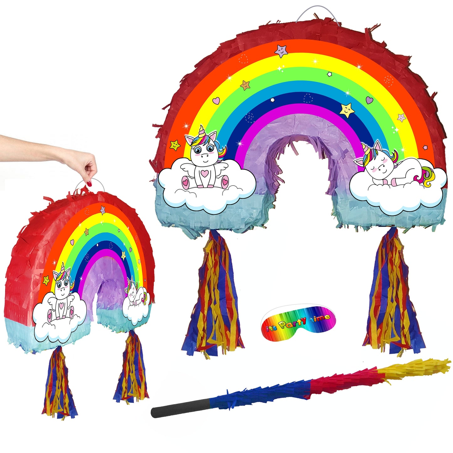 Rainbow Unicorn Piñata Set: Party Game with Stick & Blindfold