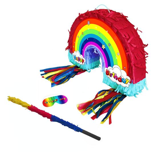 Rainbow Birthday Piñata Set with Stick & Blindfold