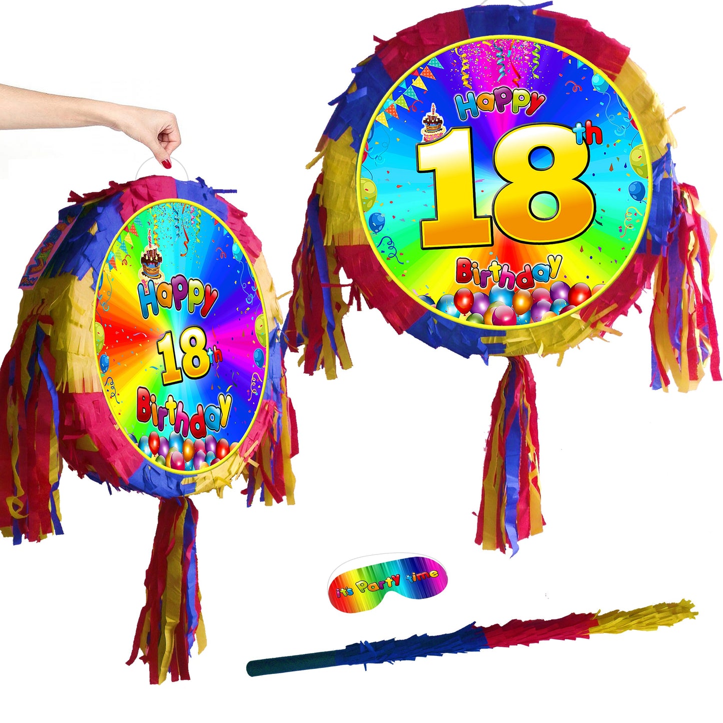 18th Birthday Pinata Party Round theme piñata supplies happy eighteen blindfold stick rainbow smash game BOY GIRL kids fun favours