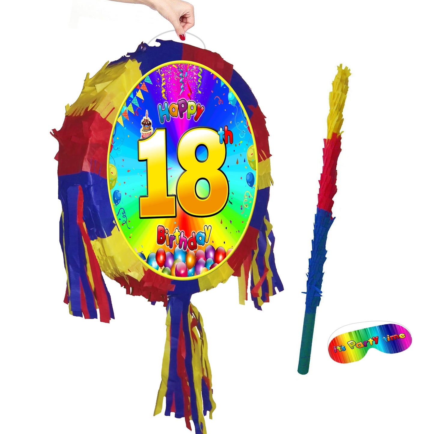 18th Birthday Pinata with Stick & Blindfold, Rainbow Party Game