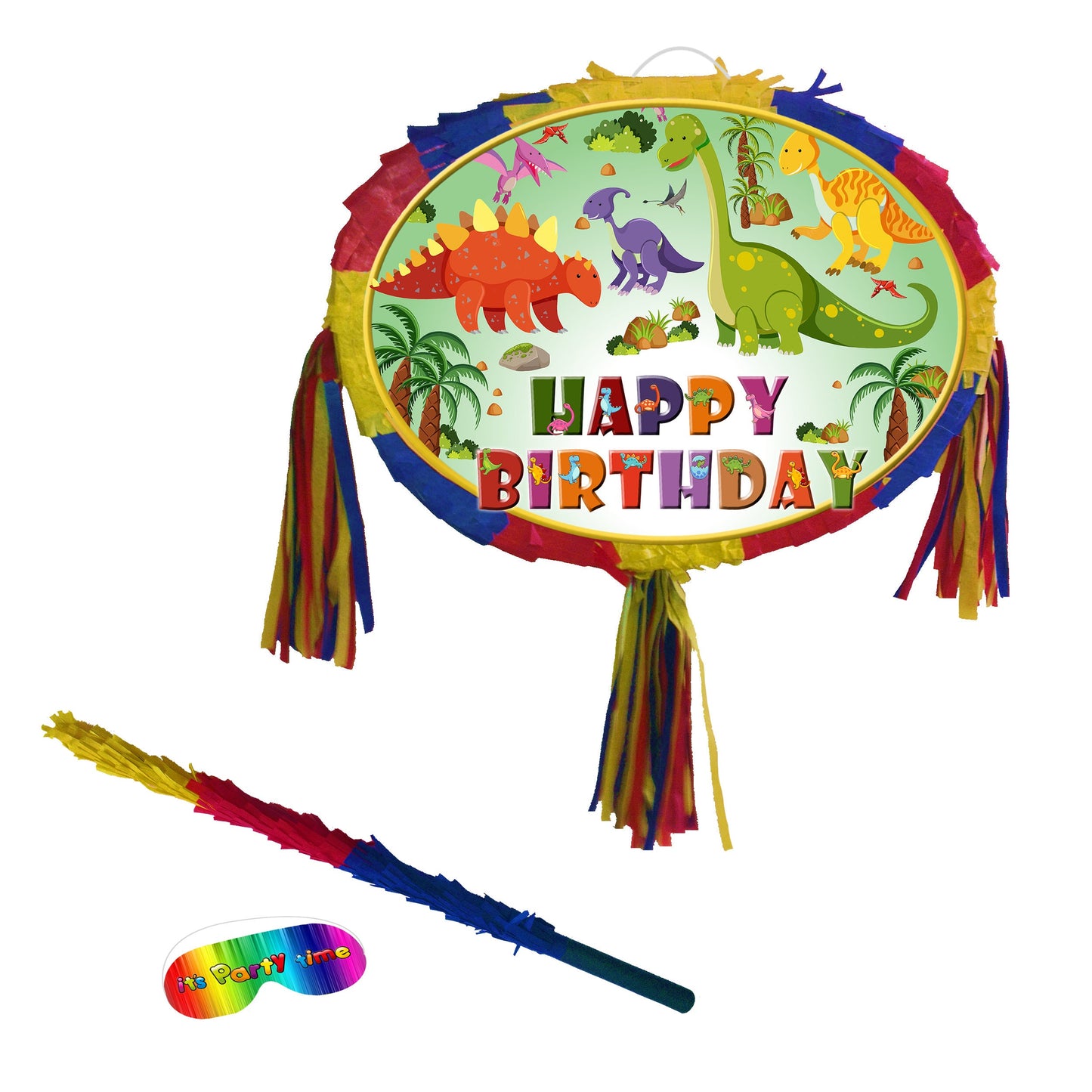 Dinosaur Birthday Pinata with Stick & Blindfold