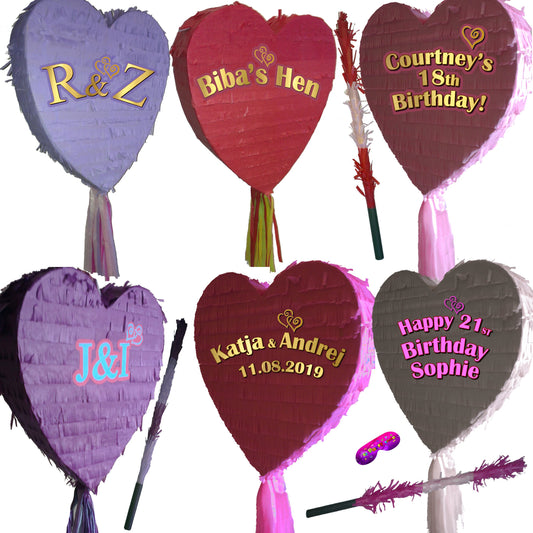 Heart Piñata with Smash Stick, Personalized Text for Parties