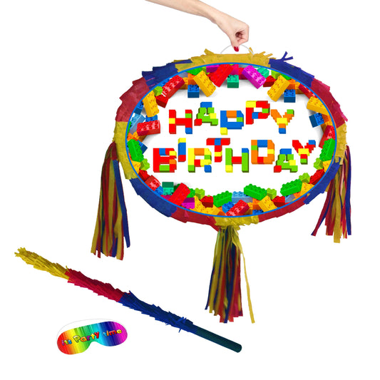 Building Blocks Pinata, Happy Birthday Party Game with Stick & Blindfold