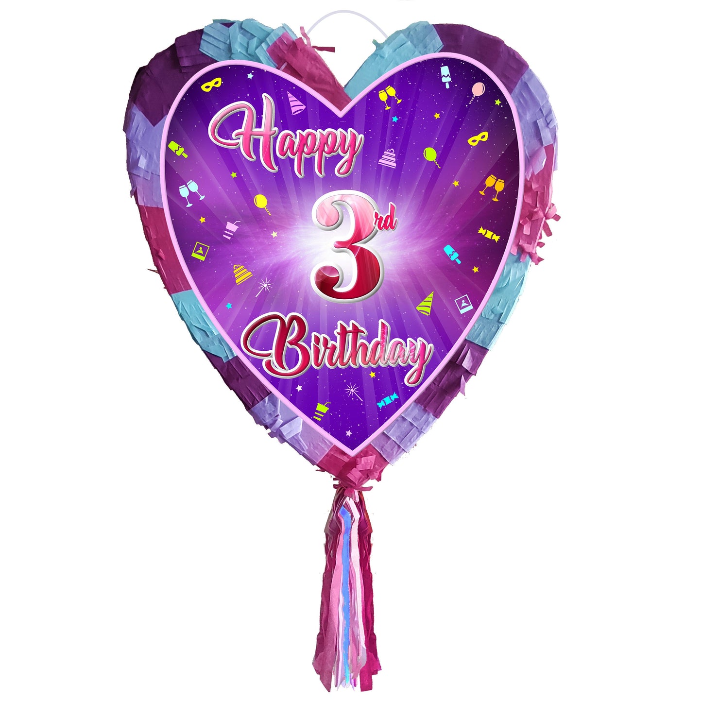 Third Birthday heart pinata with stick 3rd Piñata girls Party love theme supplies happy Smash Game number three years pink unicorn Fun UK 3