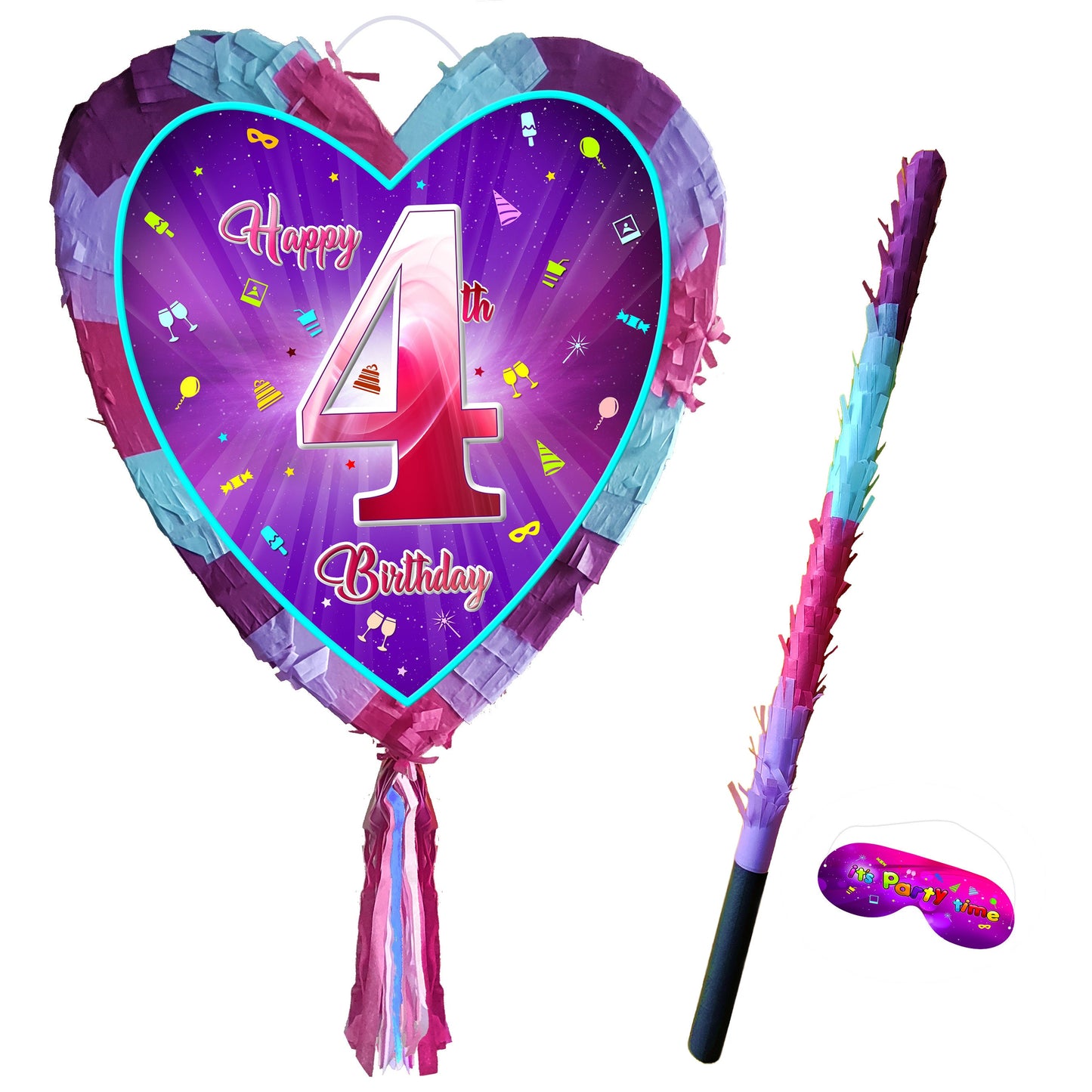 4th Birthday Heart Piñata with Stick & Blindfold