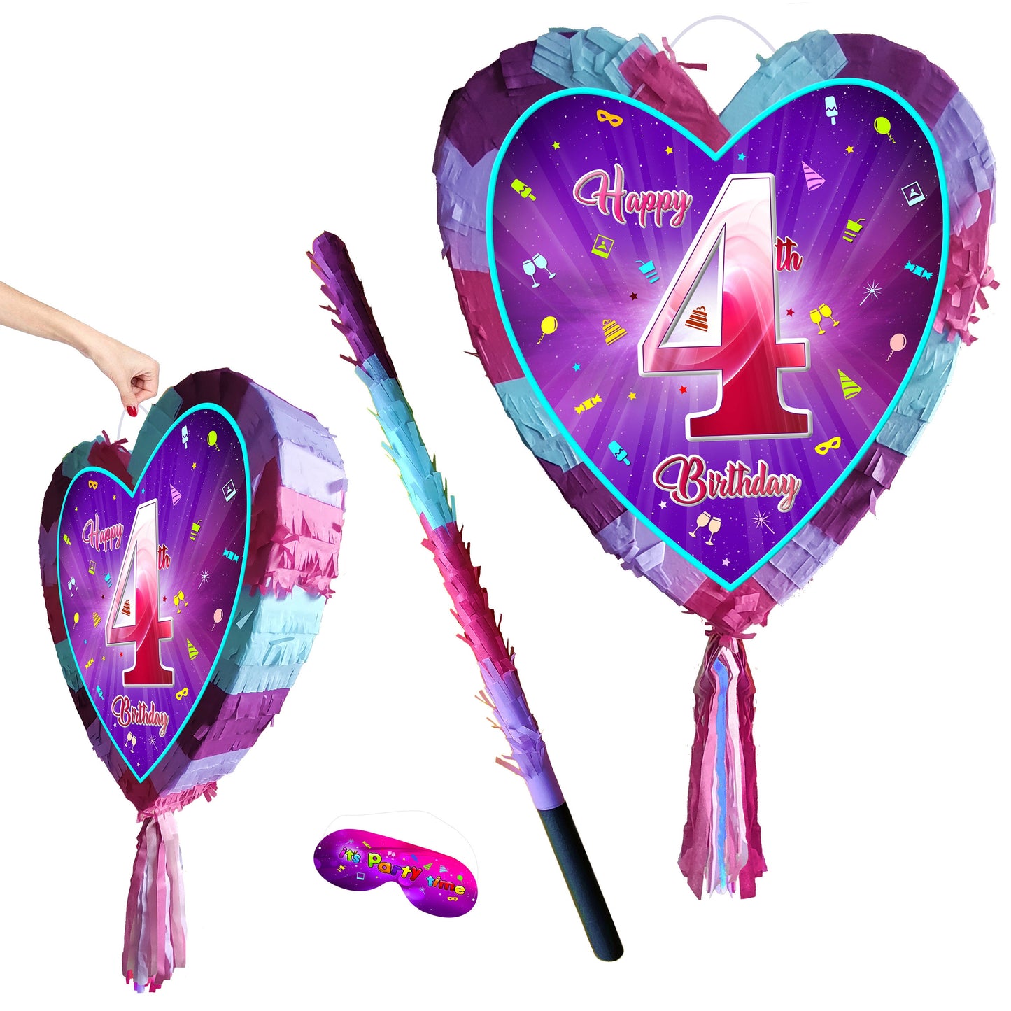 4th Birthday Heart Piñata with Stick & Blindfold