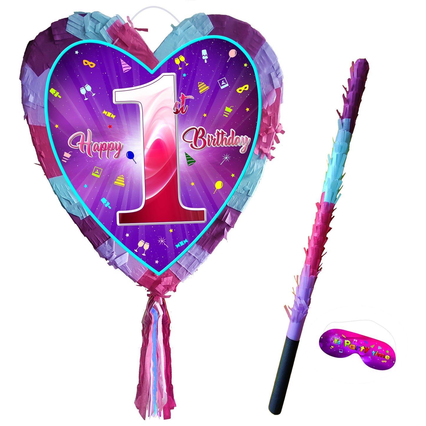 First Birthday Heart Pinata with Stick & Blindfold, Girls Party
