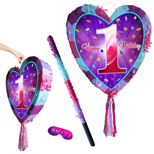 First Birthday Heart Pinata with Stick & Blindfold, Girls Party