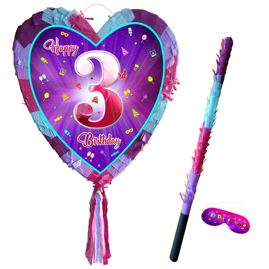 Third Birthday Heart Pinata with Stick, Girls Party Game