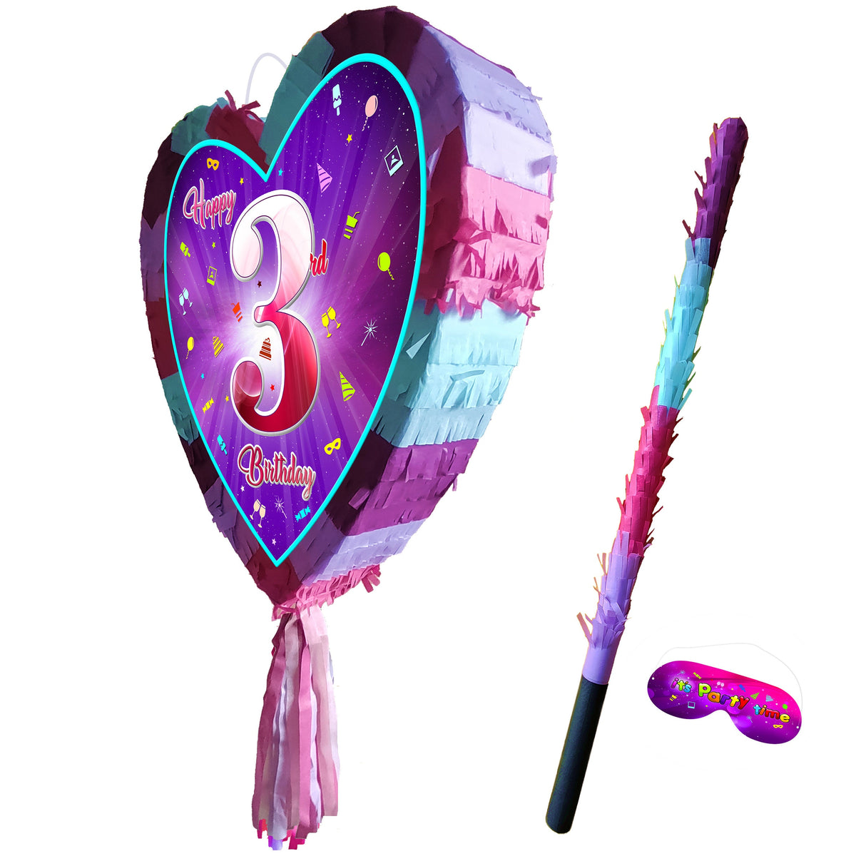 Third Birthday Heart Pinata with Stick, Girls Party Game