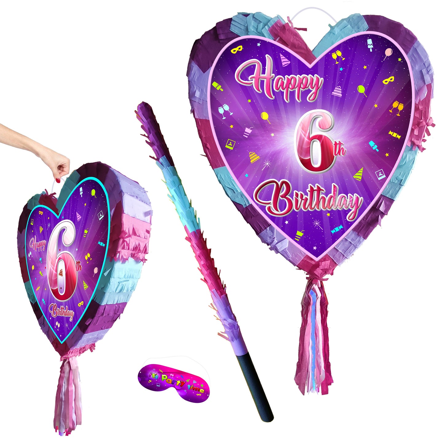 6th Birthday Heart Pinata with Stick & Blindfold, Girls Party Game
