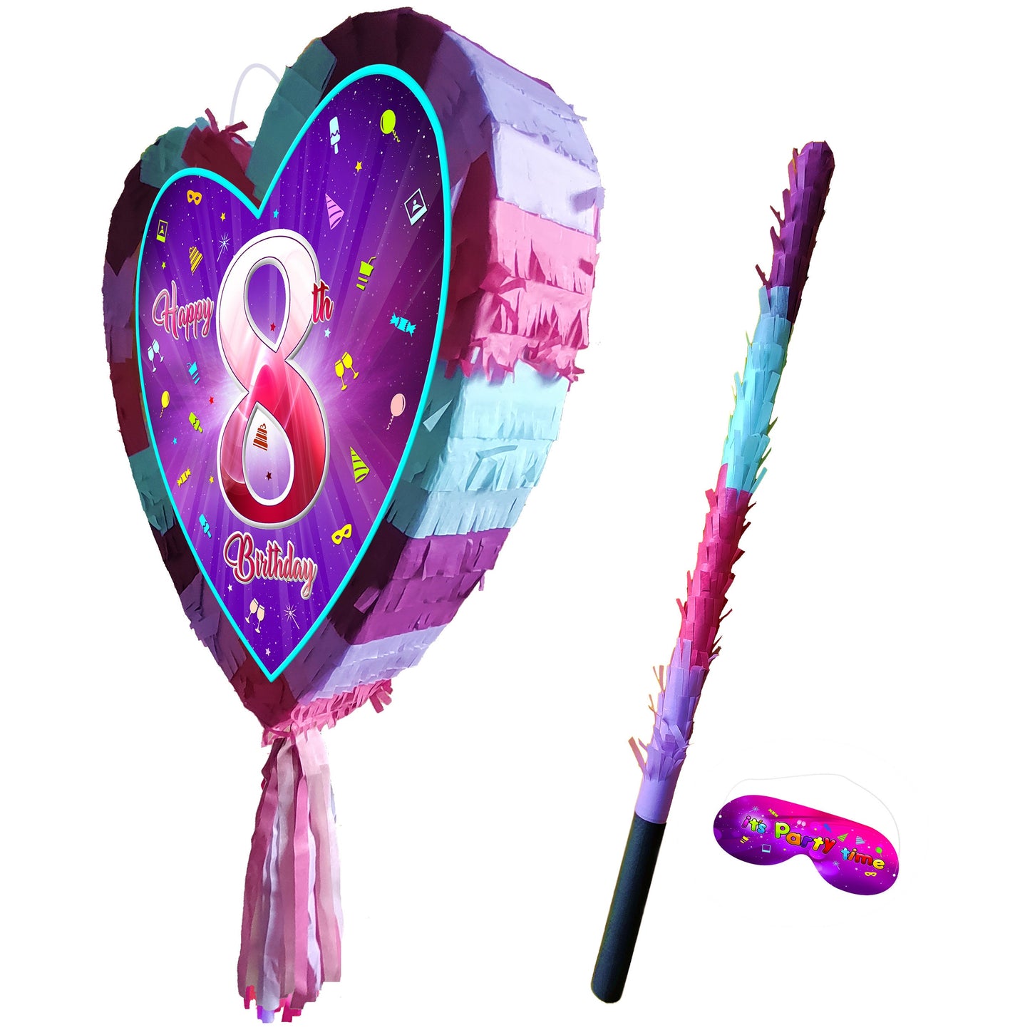 8th Birthday Heart Pinata with Stick & Blindfold, Girls Party Game