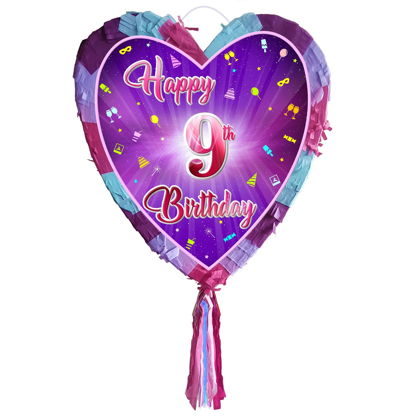 9th Birthday heart pinata with stick ninth Piñata girls Party love theme supplies happy Smash Game number nine years pink unicorn Fun UK 9