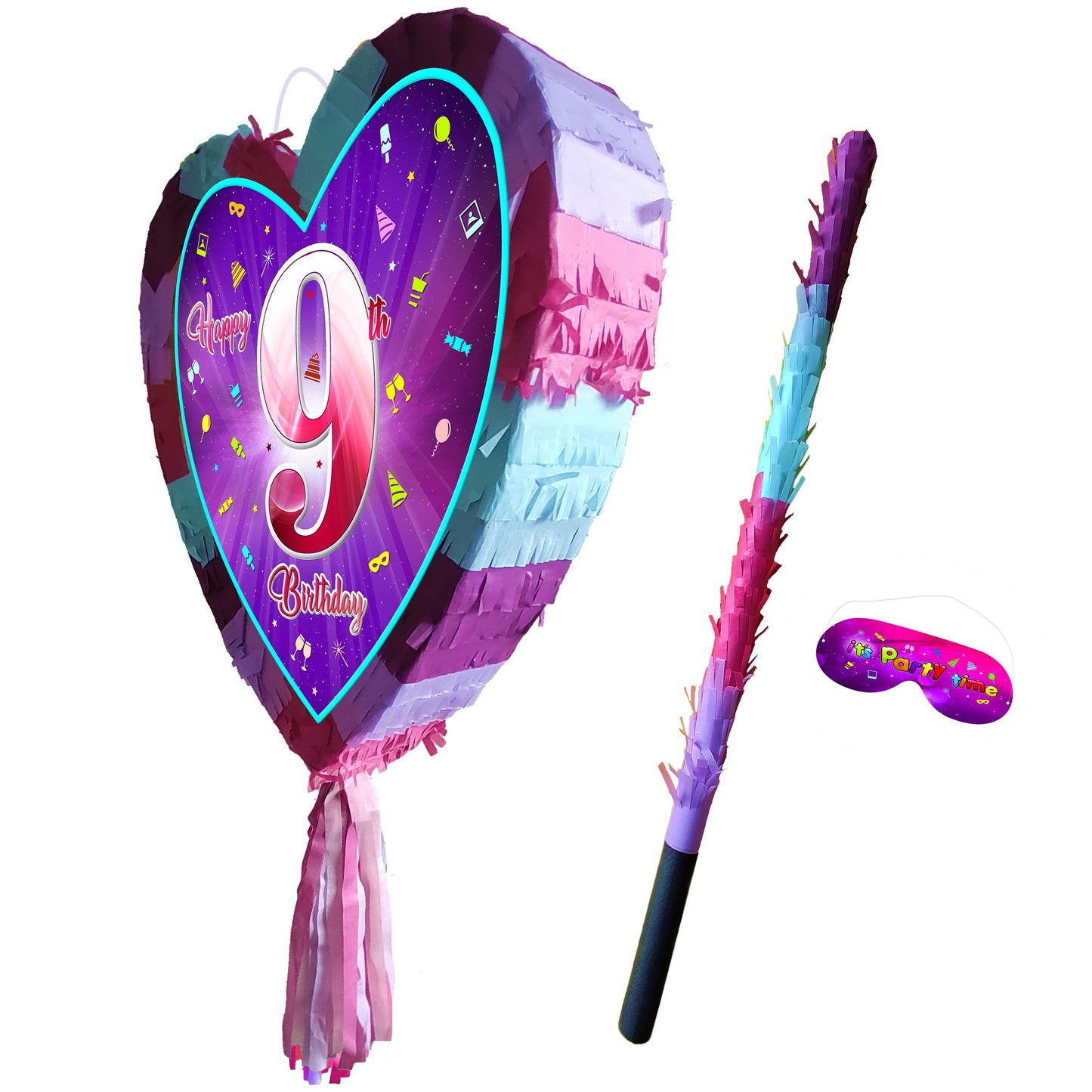 9th Birthday Heart Pinata with Stick & Blindfold, Smash Game