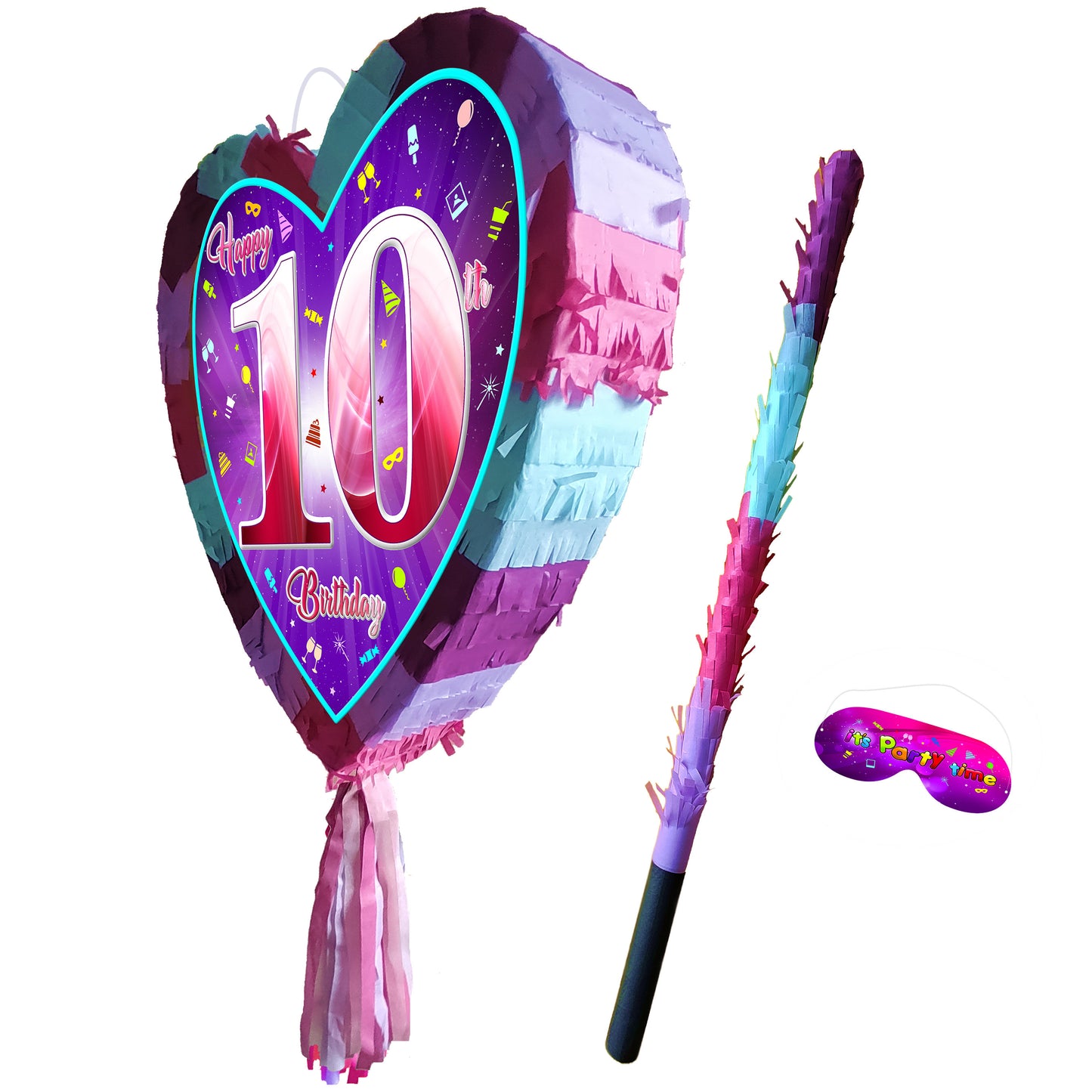 10th Birthday Heart Pinata with Stick & Blindfold