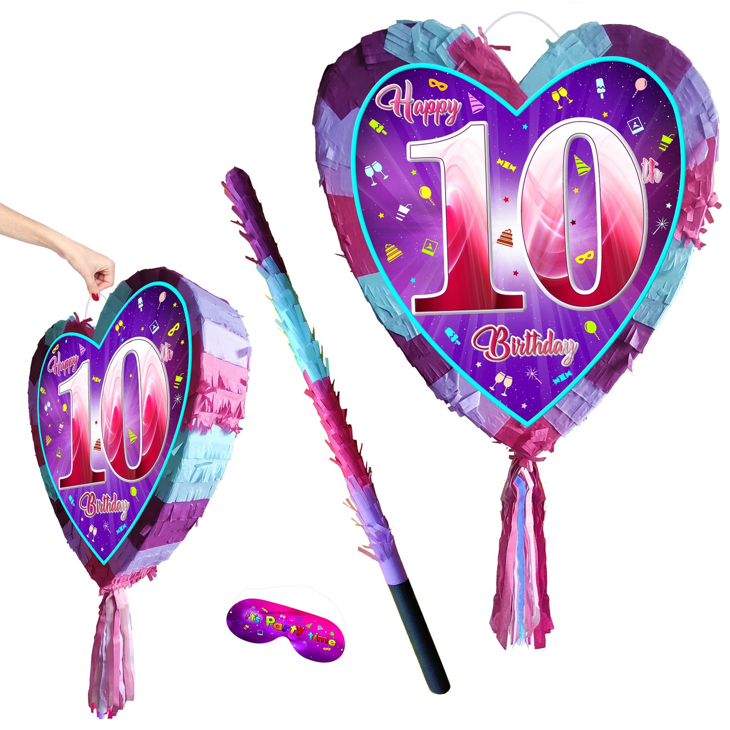 10th Birthday Heart Pinata with Stick & Blindfold