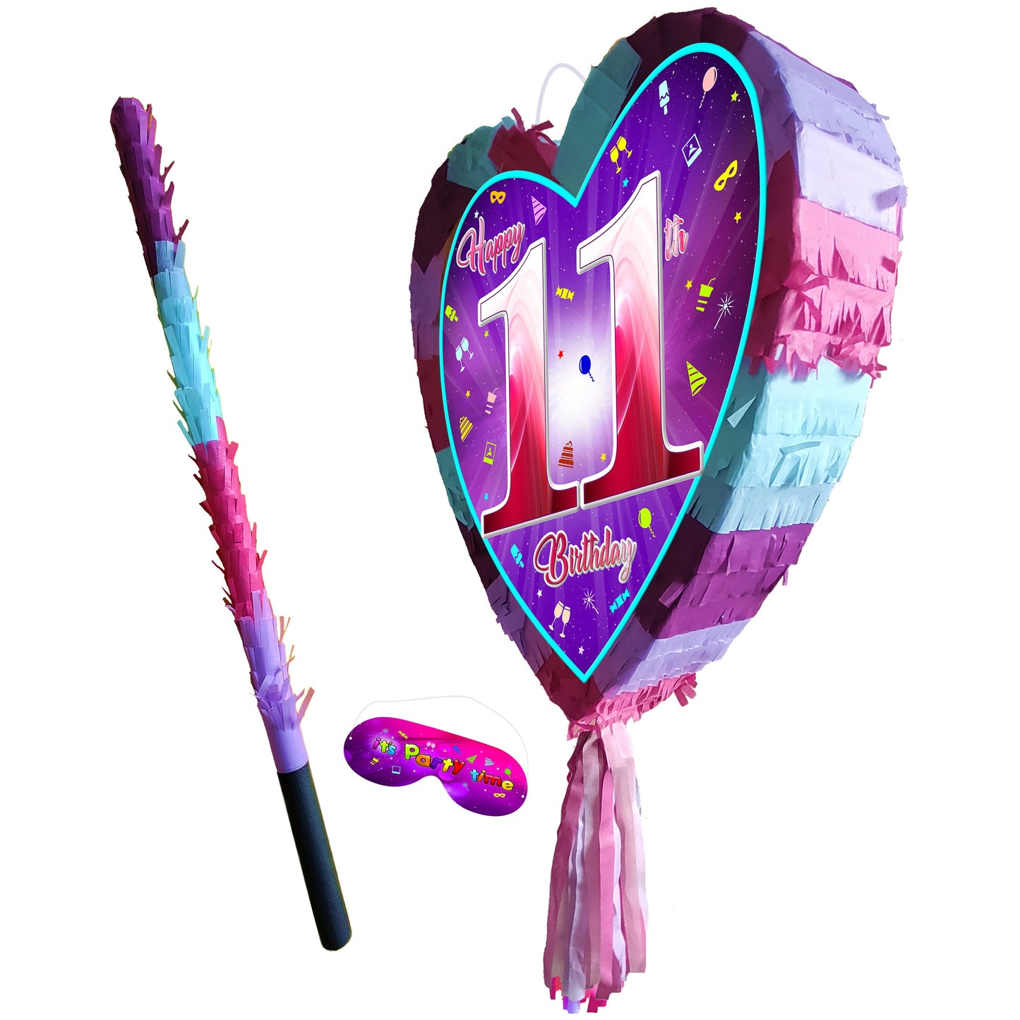 11th Birthday Heart Piñata with Stick & Blindfold
