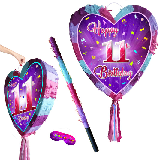 11th Birthday Heart Piñata with Stick & Blindfold