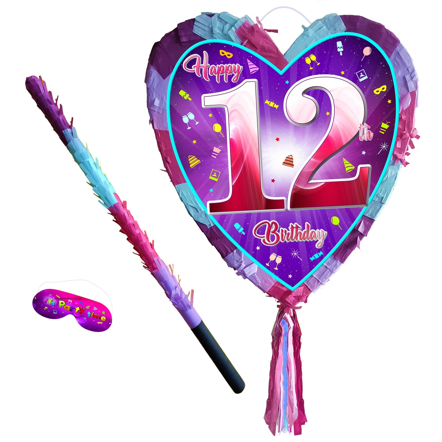 12th Birthday Heart Pinata with Stick & Blindfold