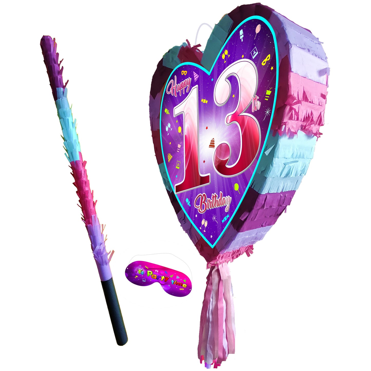 13th Birthday heart pinata with stick thirteenth Piñata girls Party love theme supplies happy Smash Game thirteen years pink unicorn Fun UK