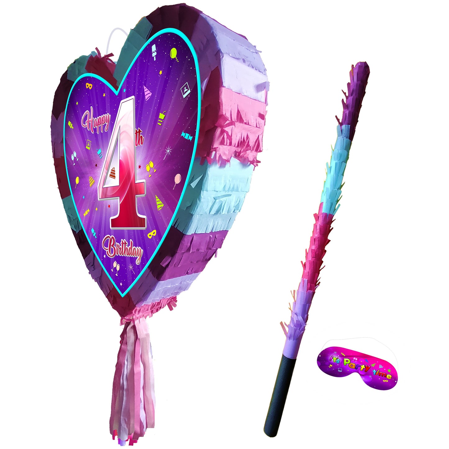 4th Birthday Heart Piñata with Stick & Blindfold