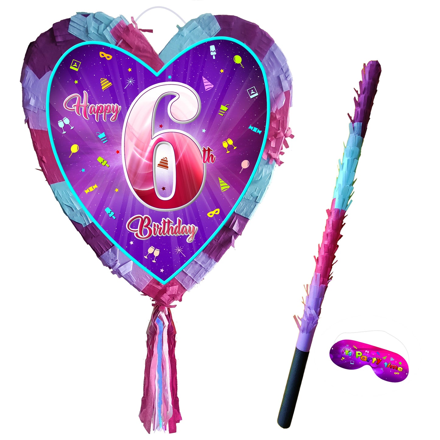 6th Birthday Heart Pinata with Stick & Blindfold, Girls Party Game