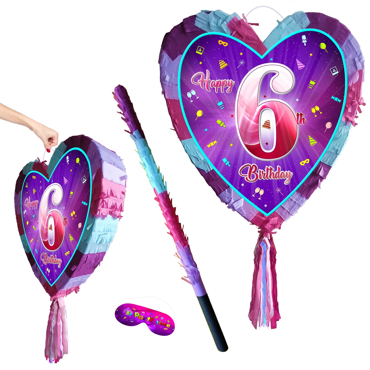 6th Birthday Heart Pinata with Stick & Blindfold, Girls Party Game