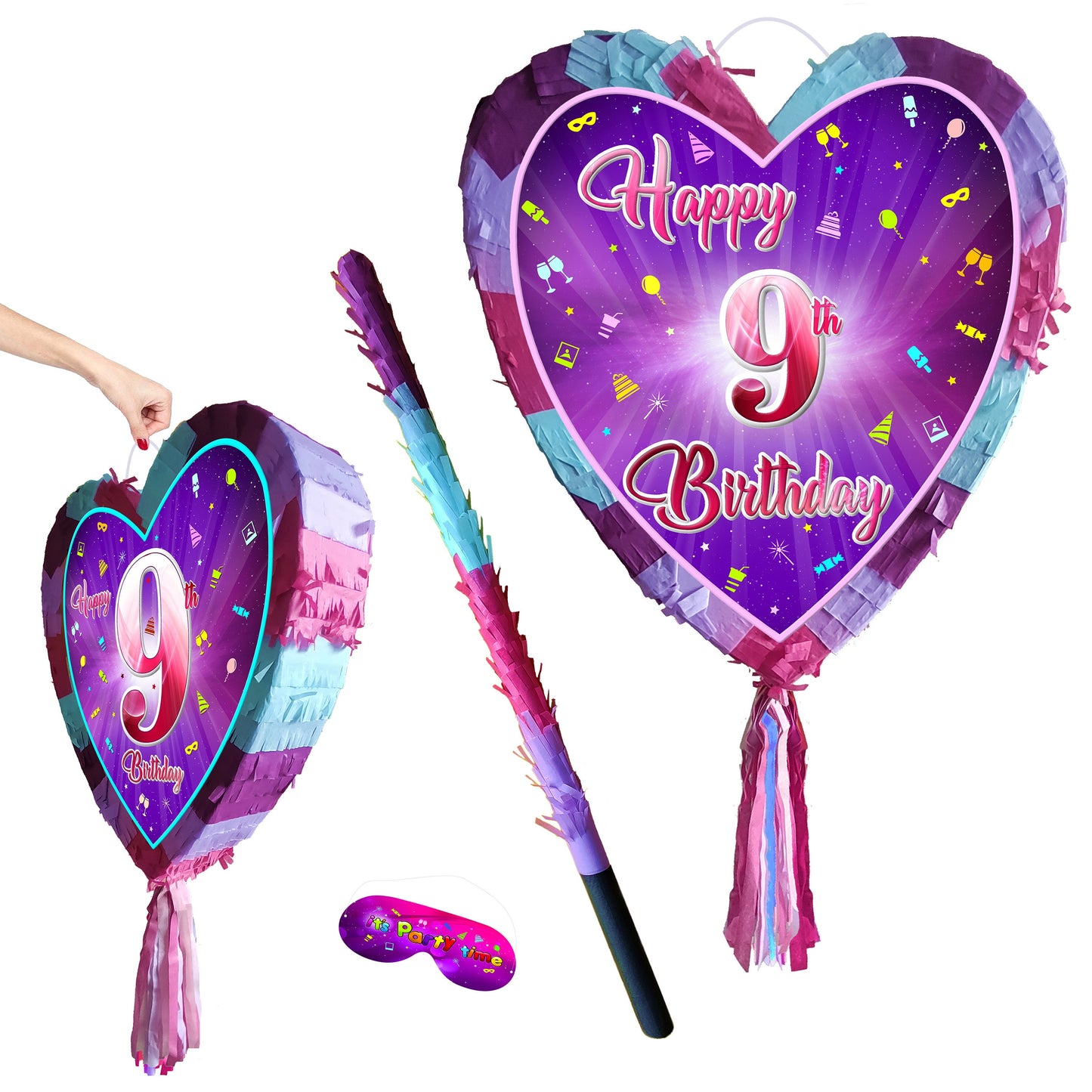 9th Birthday Heart Pinata with Stick & Blindfold, Smash Game