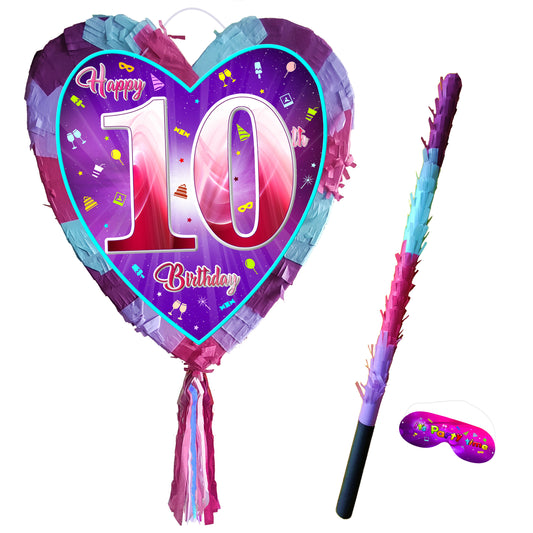 10th Birthday Heart Pinata with Stick & Blindfold