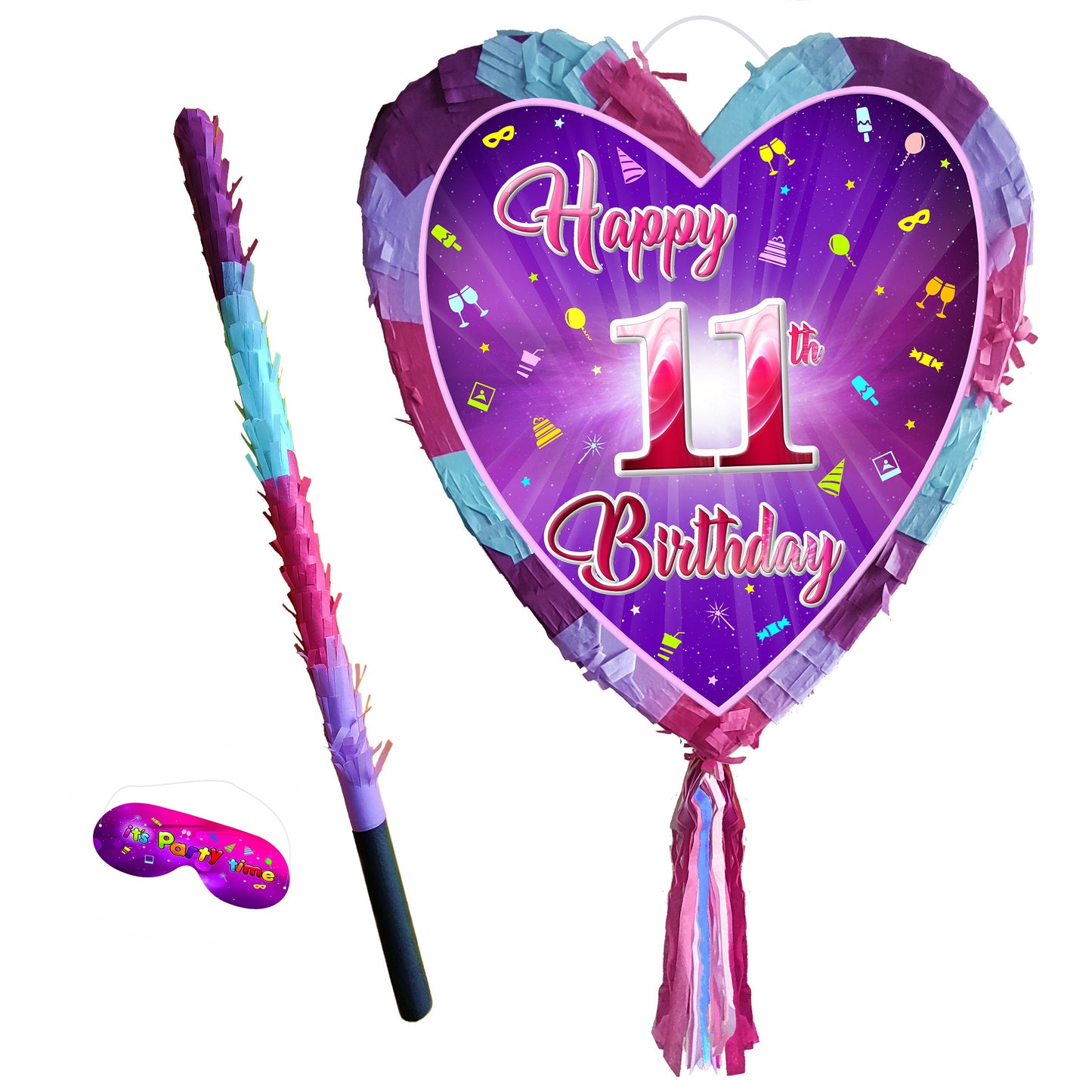 11th Birthday Heart Piñata with Stick & Blindfold