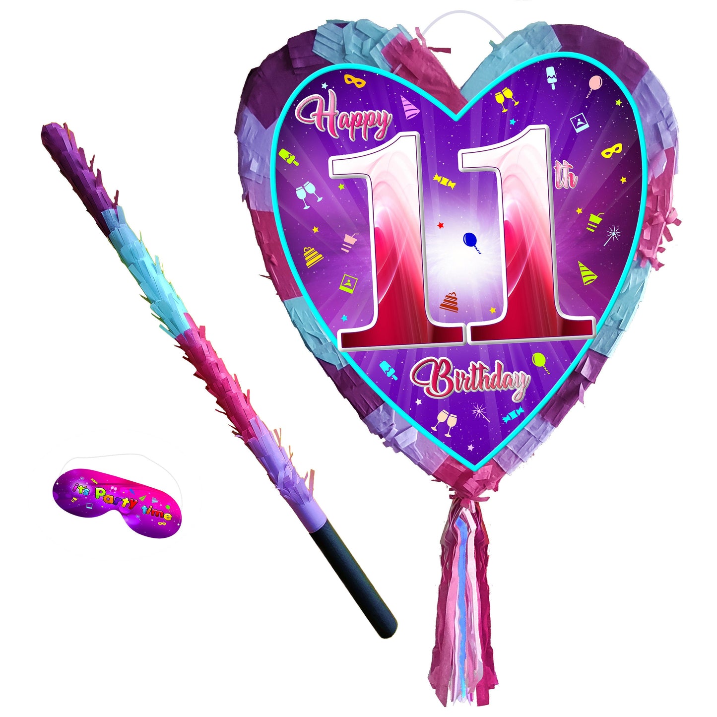 11th Birthday Heart Piñata with Stick & Blindfold