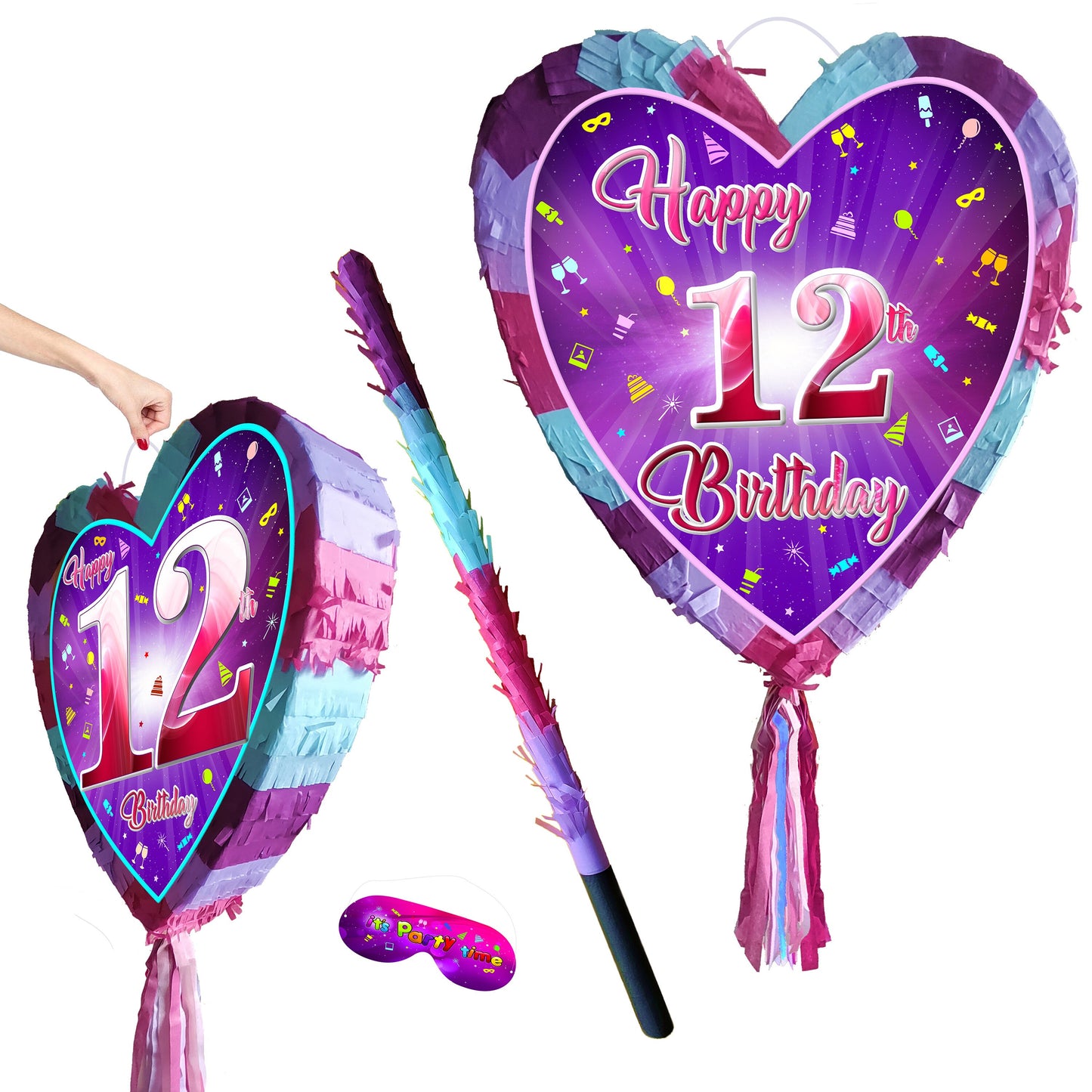 12th Birthday Heart Pinata with Stick & Blindfold