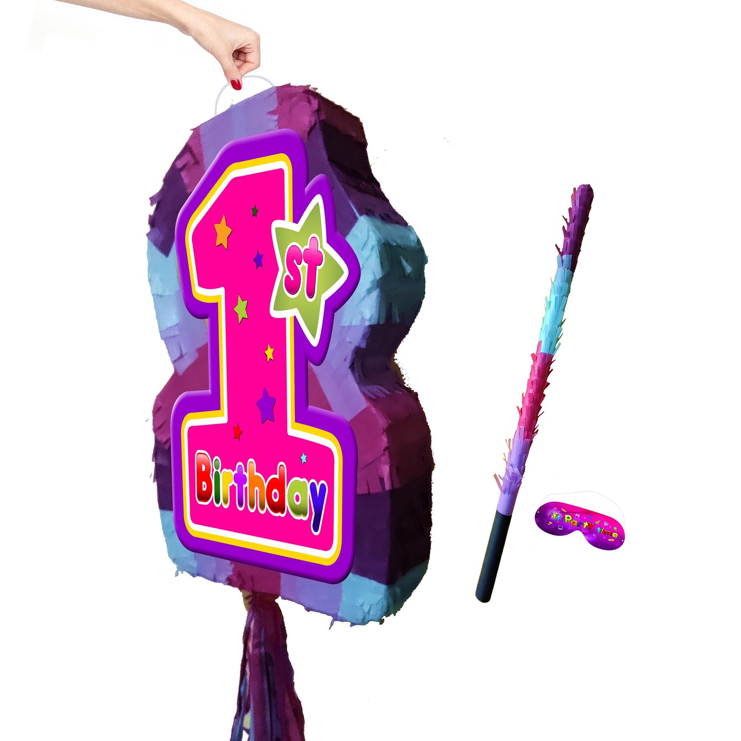 Girl 1st Birthday Number One Pinata, Stick & Blindfold
