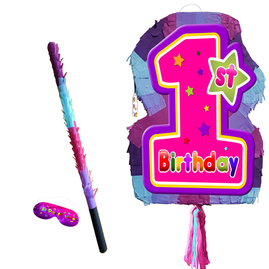 Girl 1st Birthday Number One Pinata, Stick & Blindfold