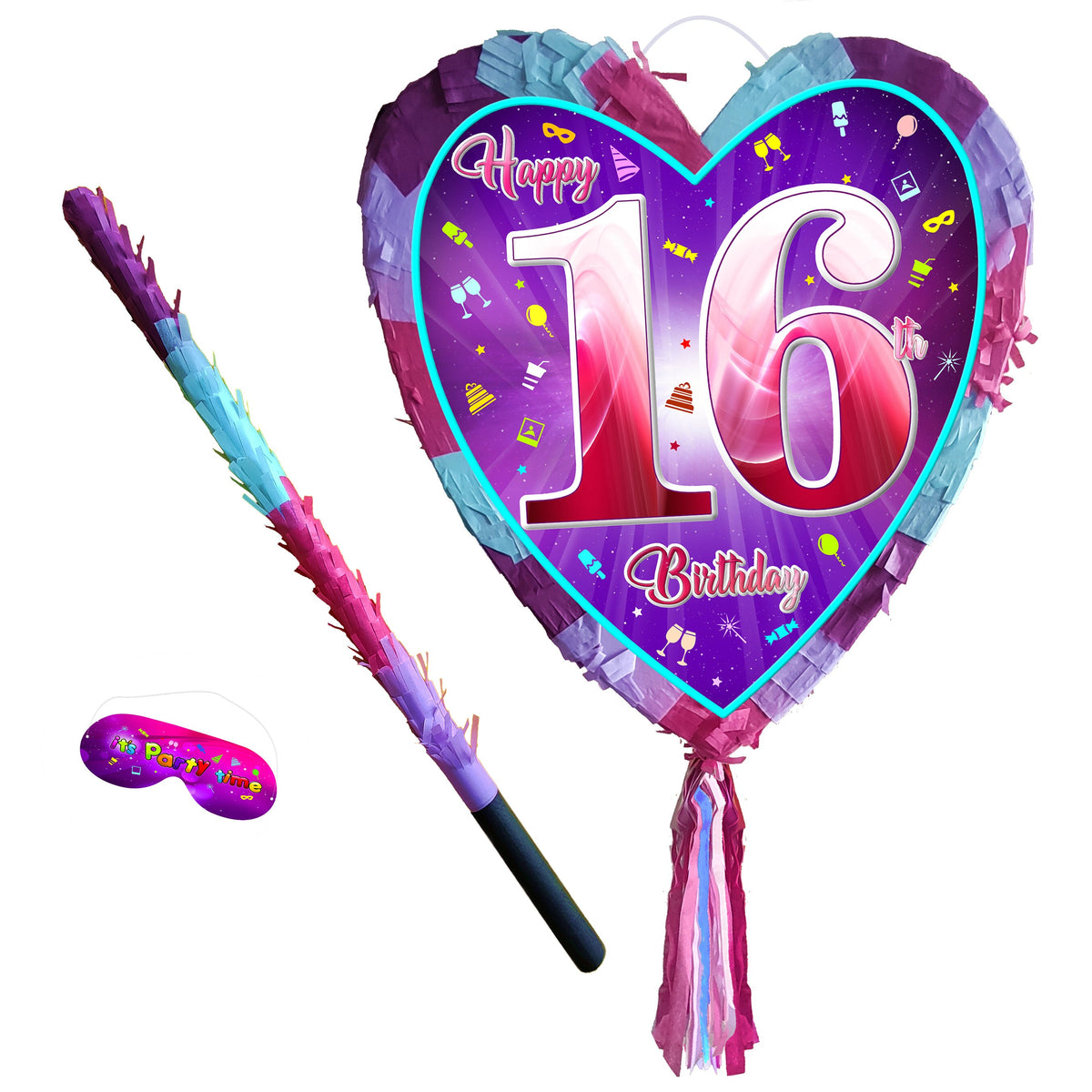 16th Birthday Heart Piñata with Stick & Blindfold