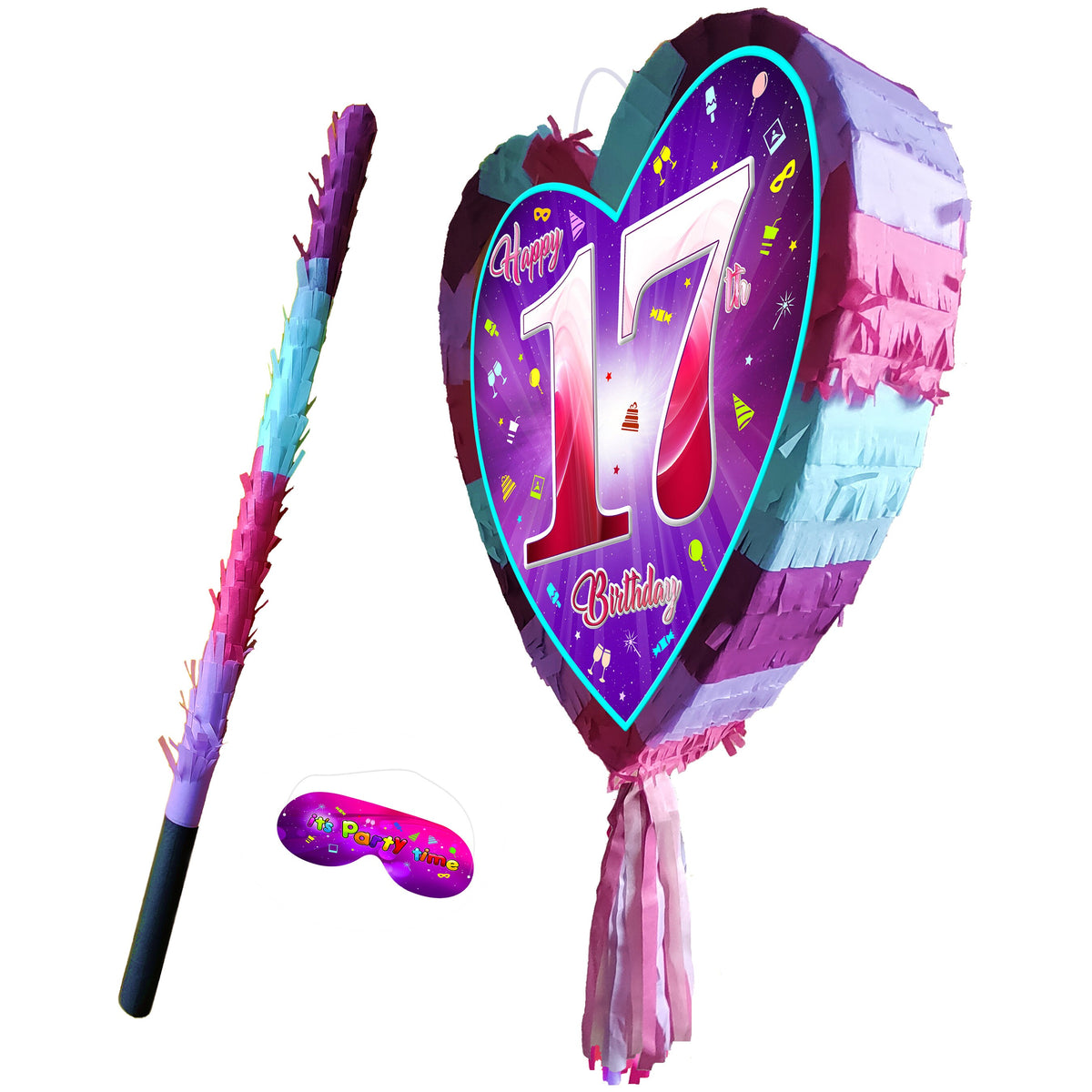 17th Birthday Heart Pinata with Stick & Blindfold