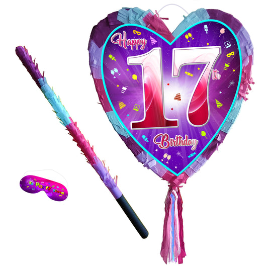 17th Birthday Heart Pinata with Stick & Blindfold