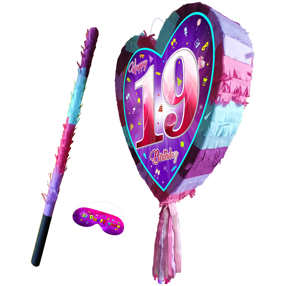 19th Birthday Heart Pinata with Stick & Blindfold