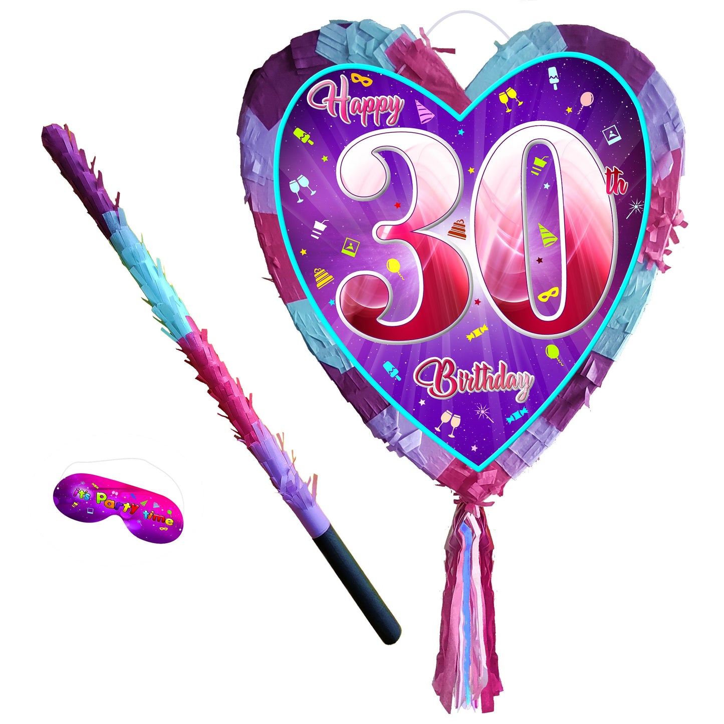 30th Birthday Heart Pinata with Stick & Blindfold