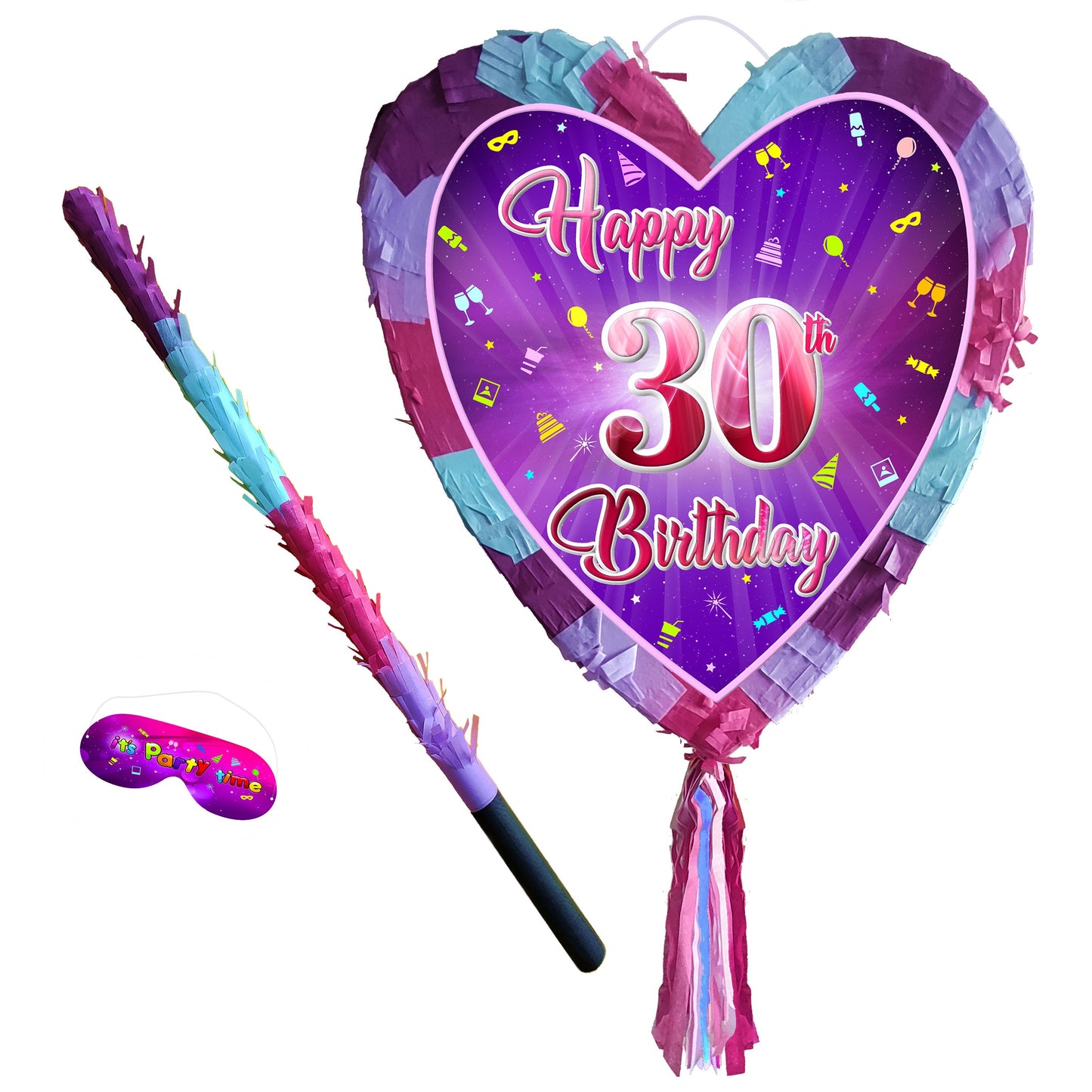 30th Birthday Heart Pinata with Stick & Blindfold